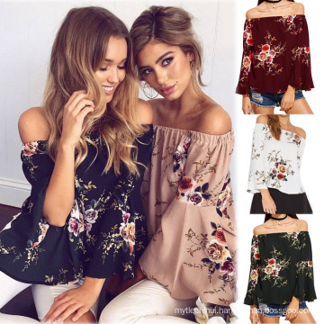 Hot selling summer lady printed women off shoulder tops long sleeve casual T-shirt woman blouse
